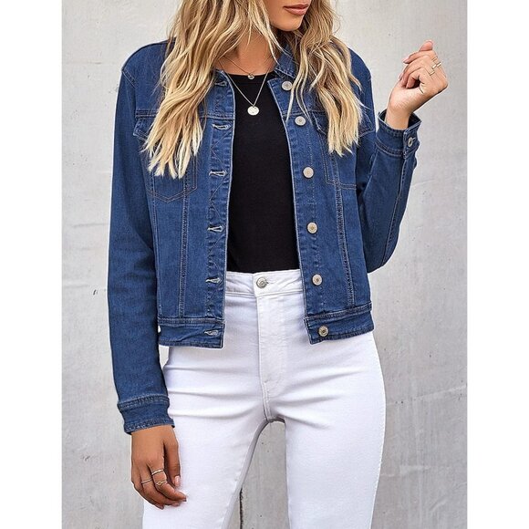 Women's Basic Long Sleeves Button Down Fitted Denim Jean Jacket Blue - Picture 3 of 5